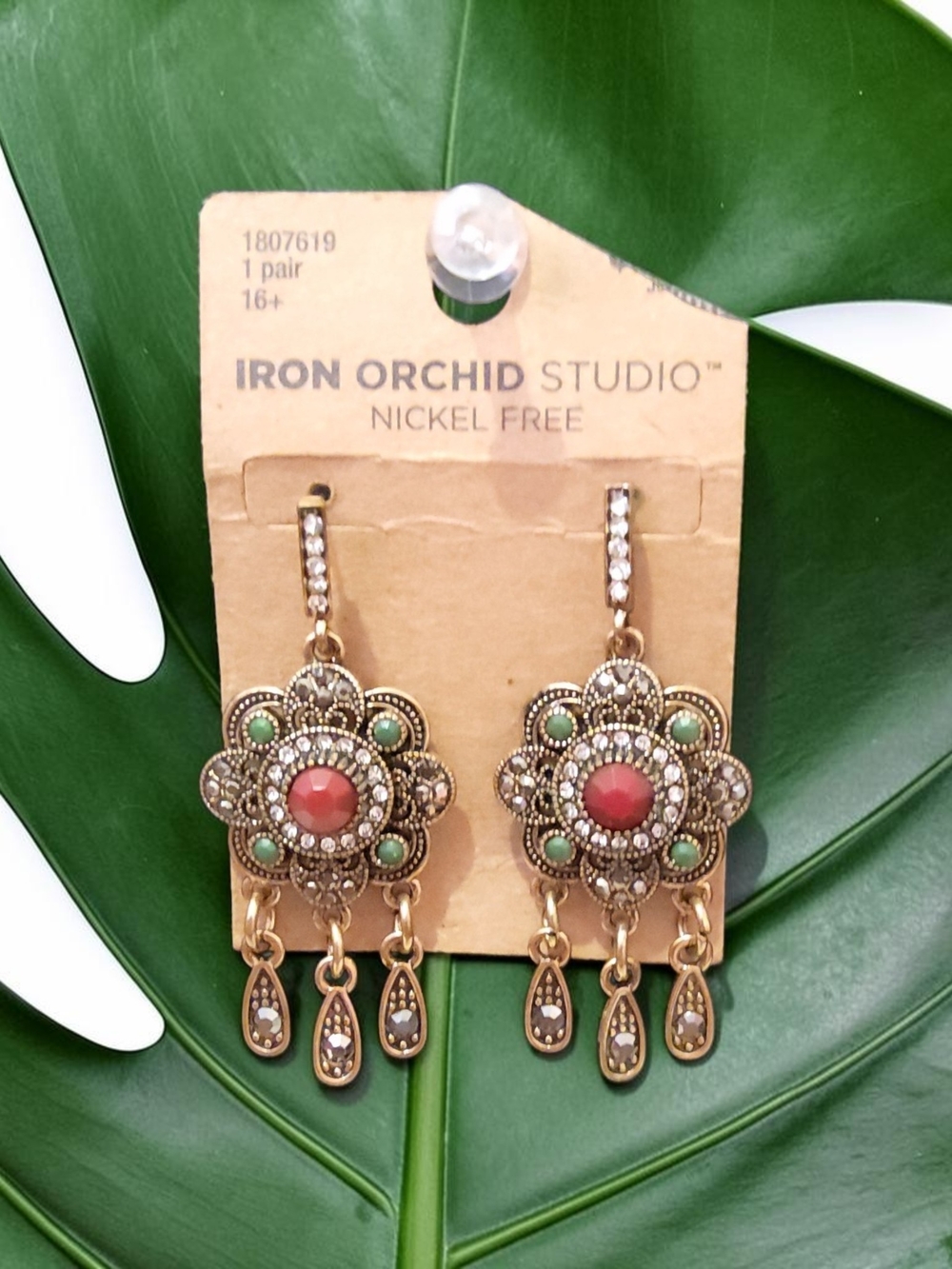 Iron Orchid Studio Floral Dangle Earrings in Coral & Mint